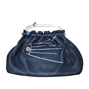 Vintage Woman's Pebbled Leather Kiss Lock Clutch Pearl Crystal Shooting Star Bag